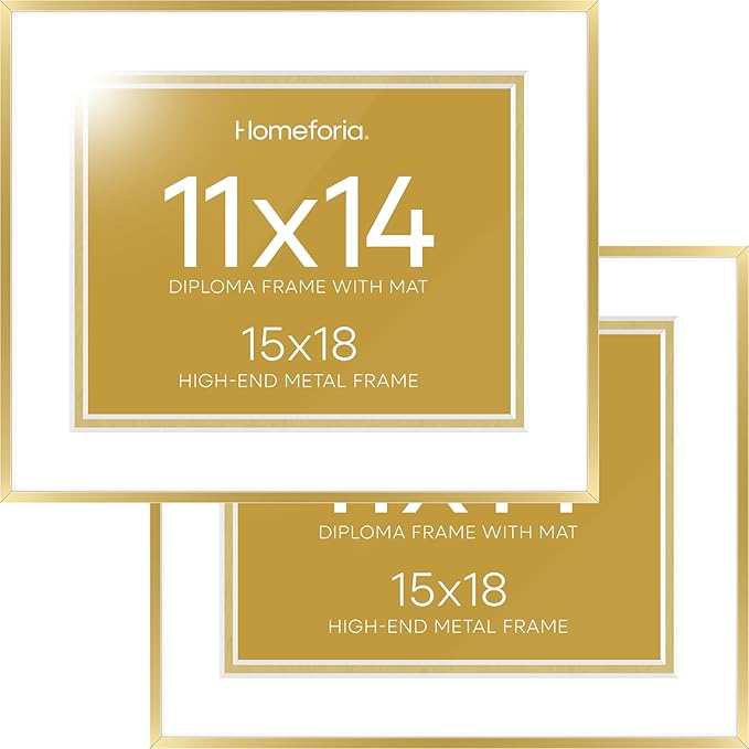 Homeforia 15x18 Diploma Frame Gold, High End Metal 15 x 18 Gold Certificate Frame with Mat 11 x 14, 18by15 Document Frames Matted to 11x14, Graduation Degree Frames, Tempered Glass, Wall Kit, Set of 2