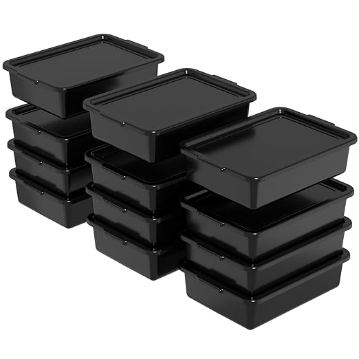 13 L Plastic Bus Tubs with Lids, Food Service Bus Tub Box, Black, 12 Packs