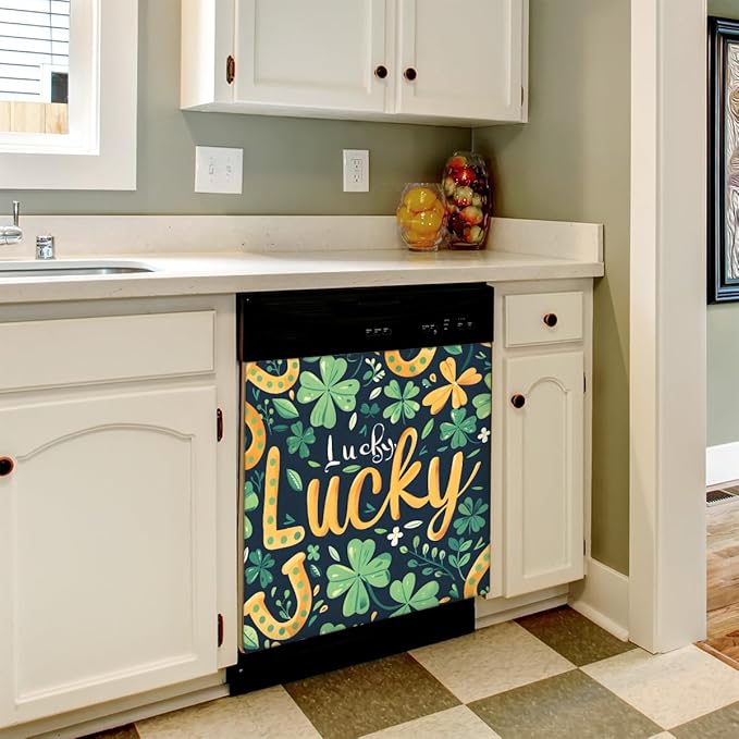 Lucky Straw Green Flower Letter Dishwasher Magnet Cover, Reusable Refrigerator Panel Stickers Microwave Front Door Covers Magnets for Kitchen Home Appliances Holiday Party Decorations 23 X 26 in