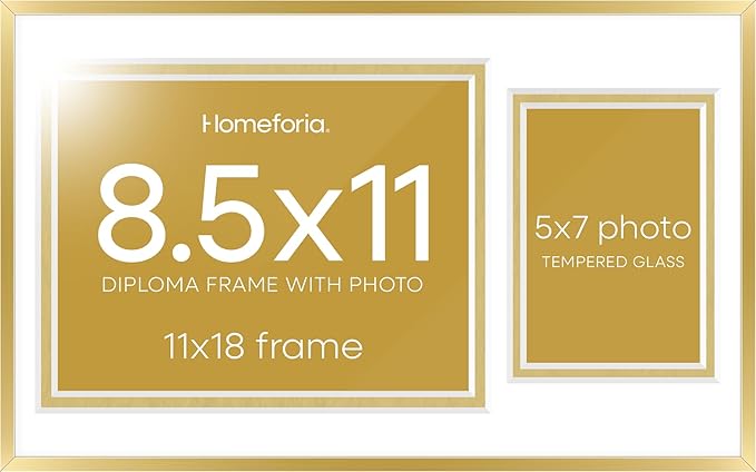 Homeforia 11x18 Gold Diploma Frame with Photo, High End Metal 11 x 18 Certificate Frames with Mat for 8.5 x 11 inches Diploma and 5 x 7 Picture, Award Degree Frames, Tempered Glass, Wall Kit, Set of 1