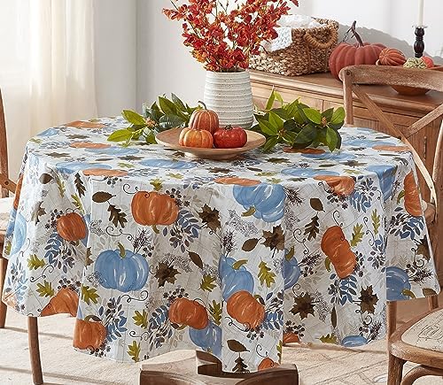 Newbridge Thanksgiving Blue Pumpkin 70 Inch Round Vinyl Tablecloth