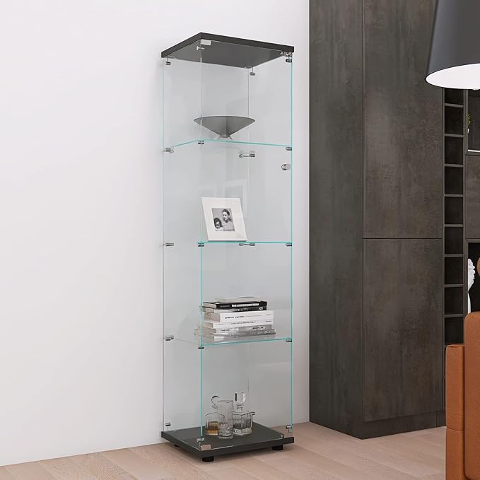 4-Shelf Glass Display Cabinet,Floor Standing Glass Curio Cabinets Bookshelf with Door&Locks,Toys Display Case Trophy Display Case,for Living Room,Kitchen,Bedroom,Exhibition Hall (Black)