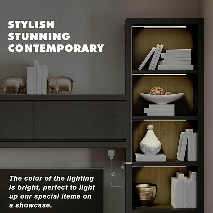 JUSJUBR Black LED Shelf Lights, Display Cabinet Lights with Memory Function, 4 Pack x12 Inch Display Lights for Shelves, LED Lights for Display Cases/Pantry/Closet, Natural White 4000K