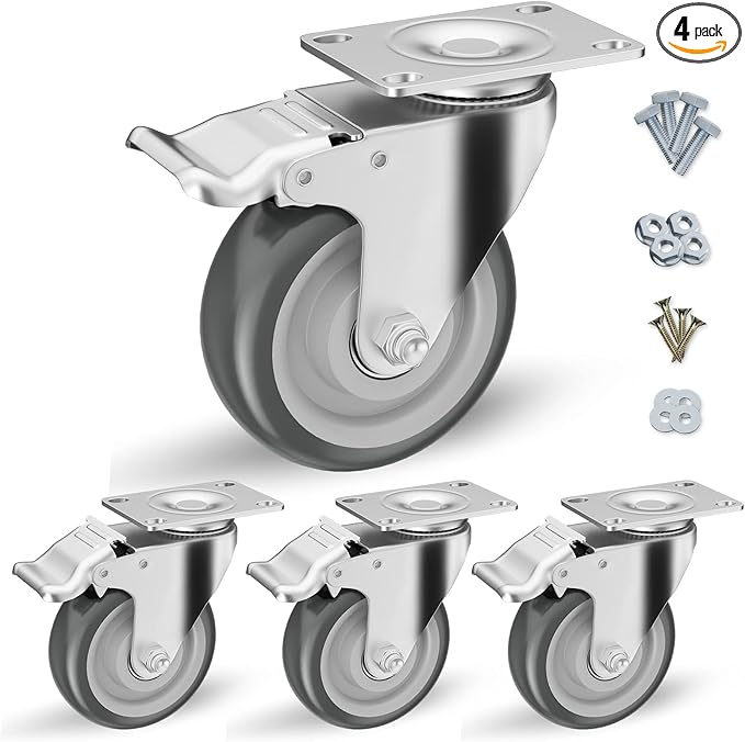 4 inch Caster Wheels, Casters Set of 4 Heavy Duty - CLOATFET Locking Swivel Casters with Brake (Top Plate), Non Marking Grey TPR Rubber Castor Wheels for Cart Furniture Workbench