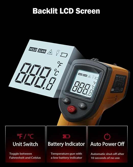 Infrared Thermometer Laser Temperature Gun, Digital Surface Heat Temp Gun Non-Contact for Cooking Food, Pizza Oven, Griddle Meat, Refrigerator, HVAC, Grill, Engine -58℉~788℉