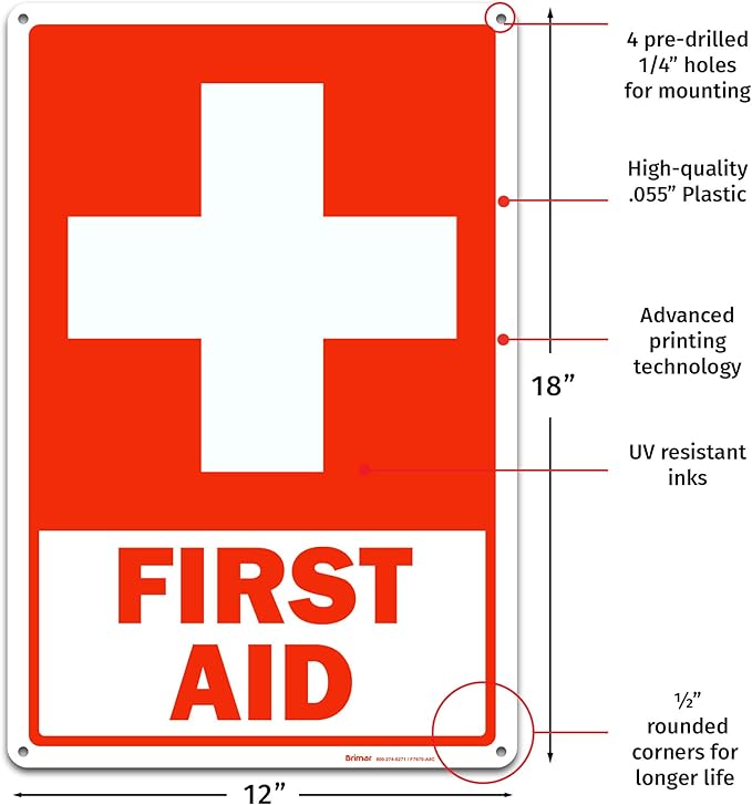 Brimar - 12 x 18" - First Aid Sign - .055″ Polyethylene Plastic - Clear Message - Standard Size