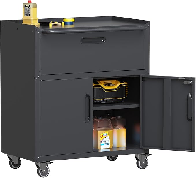 Black Garage Storage Cabinet with Drawers Metal Tool Cabinets on Wheels Heavy Duty Tool Storage Carts with Lock Rolling Tool Cart Mobile Cabinet for Warehouse Basement, Assembly Required