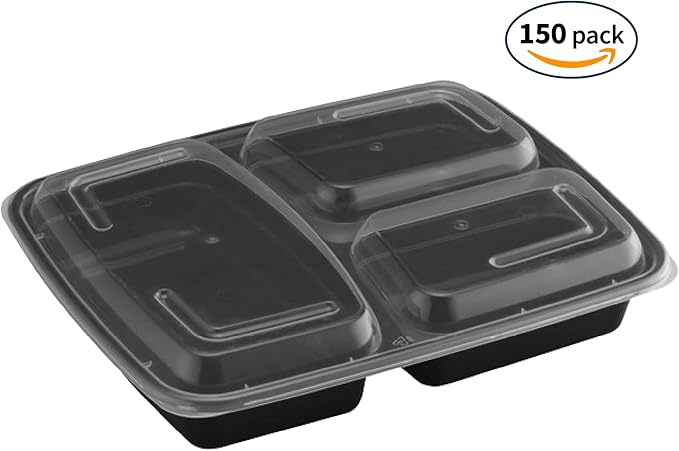 TIYA Food Containers - 48 oz Bulk 150 Pack with Lids - Plastic Compartment To-Go Boxes - Reusable, Microwavable, Dishwasher Safe - Leak-Proof for Meal Prep - BPA-Free