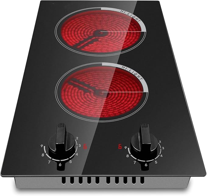 12 Inch Electric Cooktop 2 Burner, Built-in Stove, Electric Radiant Cooktop with Knob Conrol, Residual Heat Indicator, 9 Power Level, Over-Heat Protection, 220V Hard Wire(No Plug)