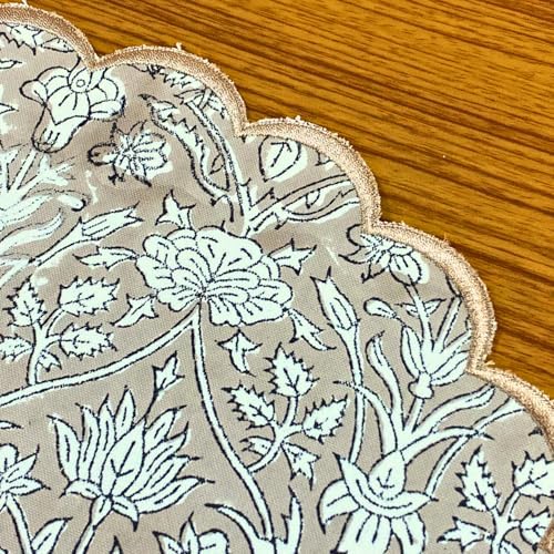 Ridhi Floral Block Print Round Placemats 15 Inch, Set of 4, Taupe