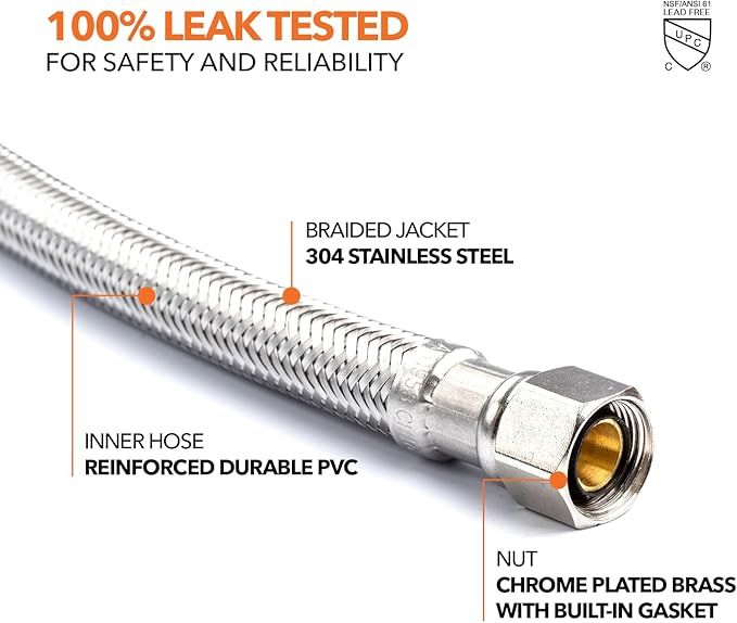 Stainless Steel Braided Water Connectors with Reinforced PVC Inner Hose for Faucets, 3/8" Compression x 3/8" Compression, 20" Length (2Pack)