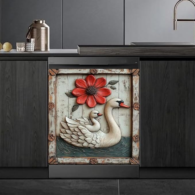 Swan with Red Flower Magnetic Dishwasher Cover Vinyl Sticker,Vintage Wooden Floral Dishwasher Magnet Cover,Rustic Wood Fridge Door Cover Magnets Art Skin Panel Decal for Home Decor, 23"X26"