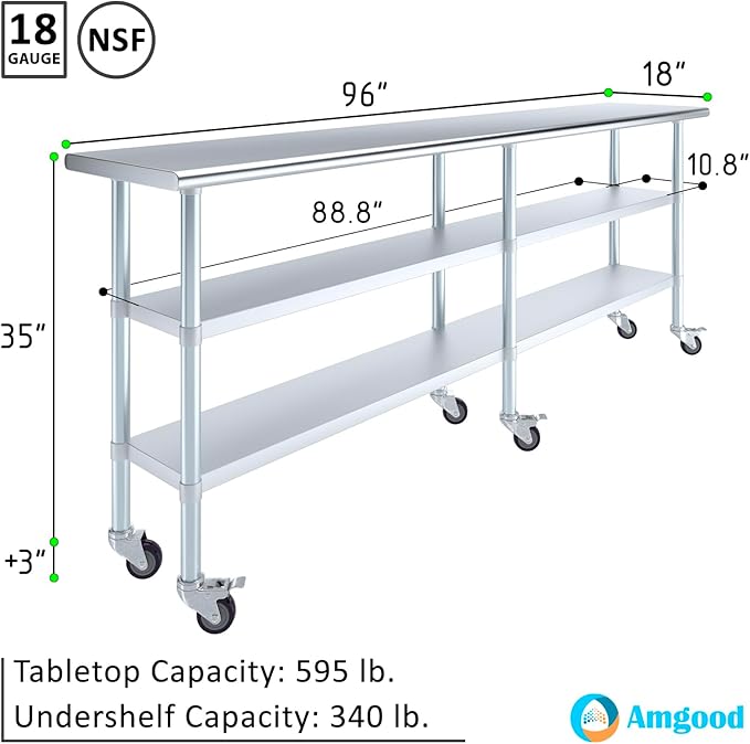 AmGood Stainless Steel Work Table with 2 Shelves and Casters | Metal Utility Table On Wheels (Stainless Steel, 96" Long x 18" Deep)