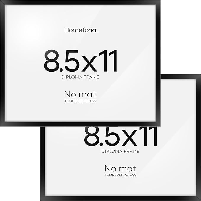 Homeforia Black Diploma Frame 8.5 x 11, High End Metal 8.5x11 Certificate Frames, 11x8.5 inch Document Frame for Wall or Tabletop, 8.5 by 11 Award Letter Size Frame, Tempered Glass, Wall Kit, Set of 2