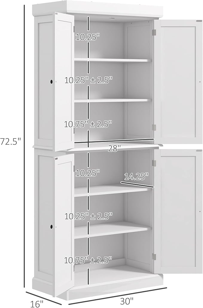 HOMCOM 72.5" Tall Kitchen Pantry Cabinet, Freestanding Modern Farmhouse Kitchen Storage Cabinet with 4 Doors and 2 Adjustable Shelves for Dining Room, White