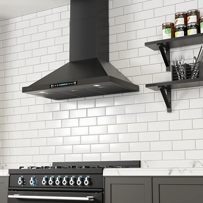 IKTCH 36 inch Black Wall Mount Range Hood, 900 CFM Ducted/Ductless Stainless Steel Vent Hood with Gesture Sensing & Touch Control Switch Panel, 2 Pcs Adjustable Lights