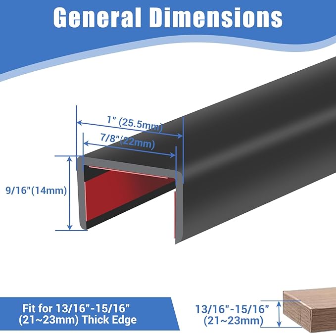 Rubber Edge Trim, Self-Adhesive U Channel Edge Protector for Plywood, Cabinet, 7/8" Wood Edge Banding, Flexible Furniture Repair, EPDM Material, Fits 7/8"(22mm), Length 20Ft, Black