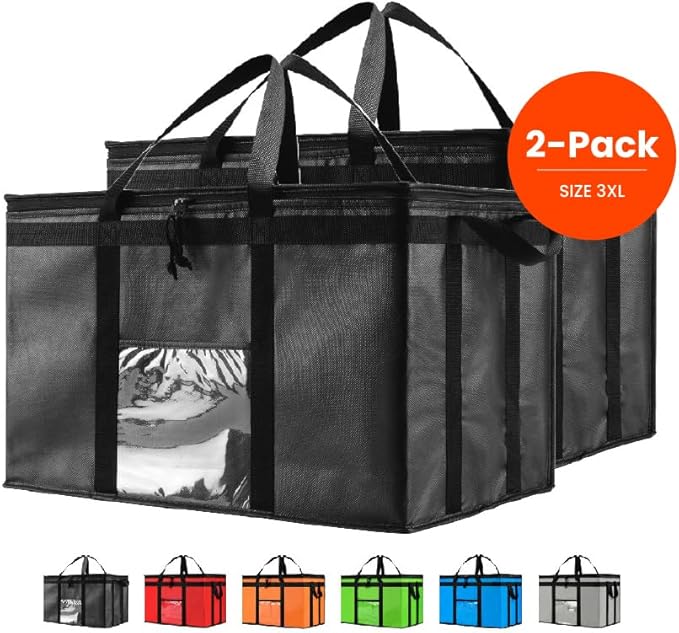 NZ home Insulated Bags for Food Delivery (3XL) Grocery Shopping Cooler Bag, Pizza Delivery, Hot & Cold Catering Tote, Reusable, Foldable & Heavy Duty (2 Pack, Black)