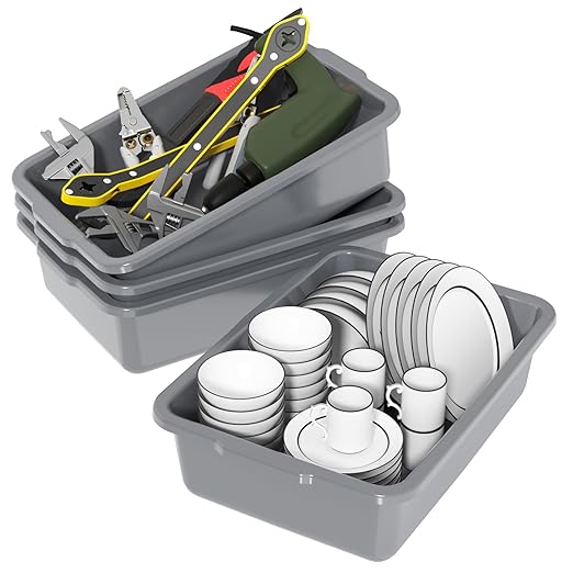 35 L Commercial Bus Box, Plastic Utility Bus Tubs, 4-Pack, Gray