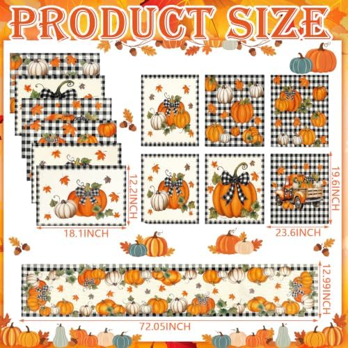 Newtay 13 Pcs Fall Pumpkin Table Runner Placemat and Dining Chair Cover Set