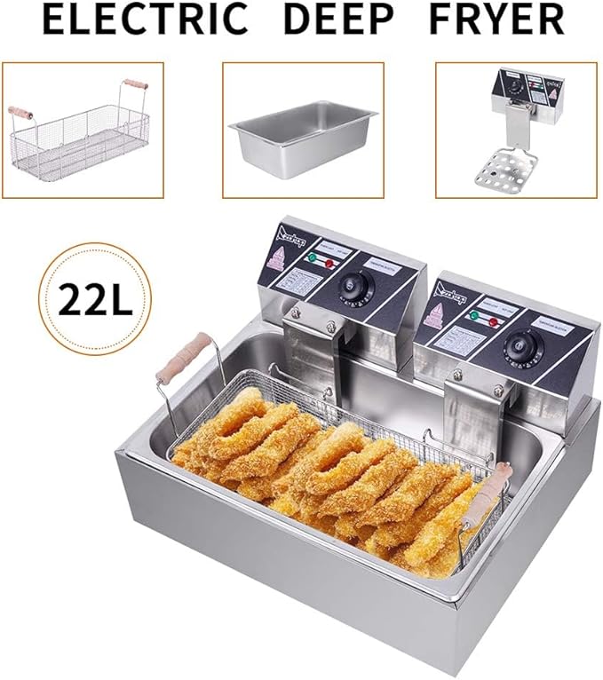 23.3QT/22L Commercial Deep Fryer with Basket and Lid, 5000W Electric Fryer, Countertop Oil Fryer for French Fries, Onion Rings, Donuts, Temperature Adjustable 140-392℉, Stainless Steel Single Tank
