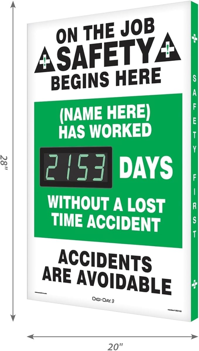 SmartSign "On The Job Safety - Add Your Name Here, Has Worked_ Days Without Accident" Custom Electronic Safety Scoreboard | 20" x 28", Made in USA