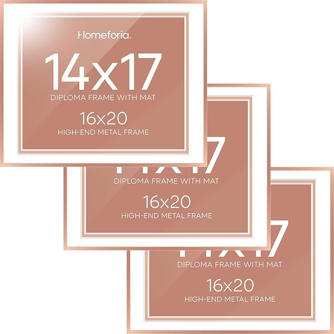 Homeforia 16x20 Diploma Frame Rose Gold, High End Metal 16 x 20 Certificate Frame with Mat 14 x 17, 16by20 Document Frame Matted to 14by17, Graduation Degree Frames, Tempered Glass, Wall Kit, Set of 3