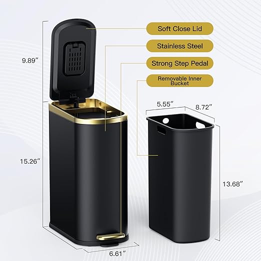 CEROELDA Small Bathroom Trash Can with Lid Soft Close-10L/2.6 Gal Slim Garbage Can-Metal Step Wastebasket-Rectangle Narrow Waste Bin for Office, Bedroom, Toilet, Live Room (Black)