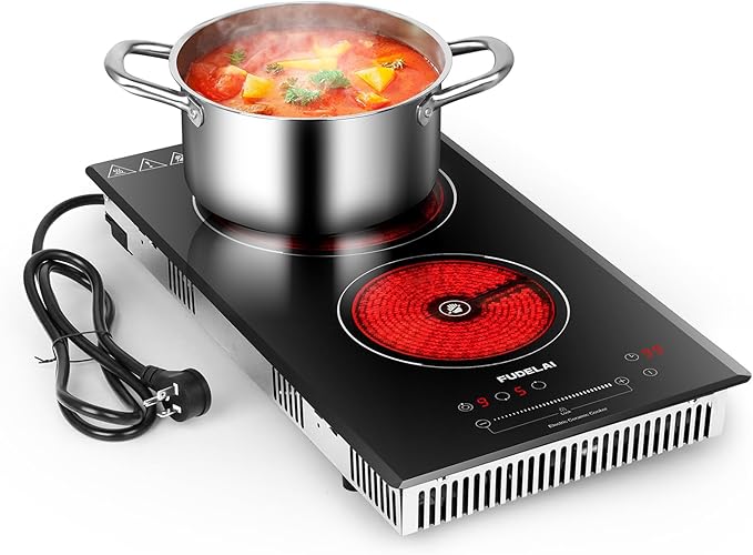 2-Burner Electric Cooktop, 3200W 240V Ceramic Hot Plate with 9 Power Levels,Touch Control,Auto Safety Lock,Timer,UL Certified Plug, For Built-in/Countertop Use/RV Camping