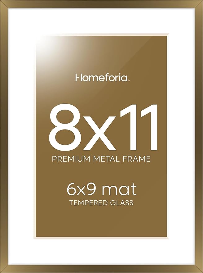 Homeforia 8x11 Picture Frame Bronze, High End Metal 8 x 11 Brass Frames with Mat 6 by 9 for Photo, 11x8 Frame Matted to 6x9 inch Print, 8by11 Wall or Tabletop Frame, Tempered Glass, Wall Kit, Set of 1
