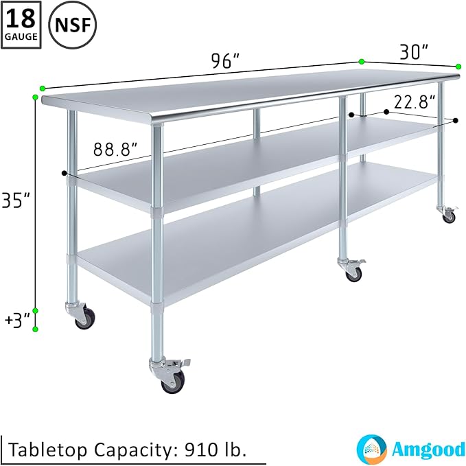 AmGood Stainless Steel Work Table with 2 Shelves and Casters | Metal Utility Table On Wheels (Stainless Steel, 96" Long x 30" Deep)
