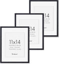 Fun Memories Black Picture Frames 11x14 Set of 3, Light Wood 11 x 14 Frames for Wall, Solid Oak Wood Frame 11 by 14 with Tempered Glass, 11x14 Frame with Mat for 8x10, Black 11x14 Poster Frames