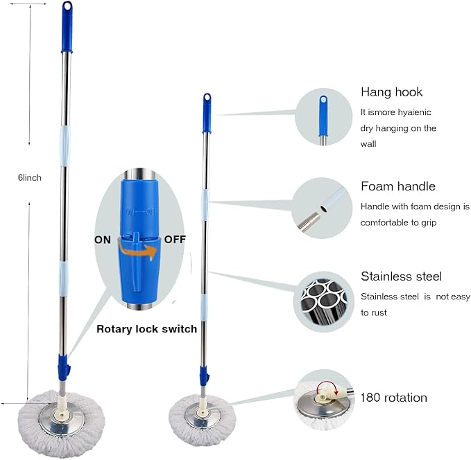 Mop and Bucket Set, 360° Spin Mop and Bucket with Wringer Set and 3 Microfiber Mop Refills, Stainless Steel 61'' Extended Handle Spinning Mop Bucket System for Floor Cleaning