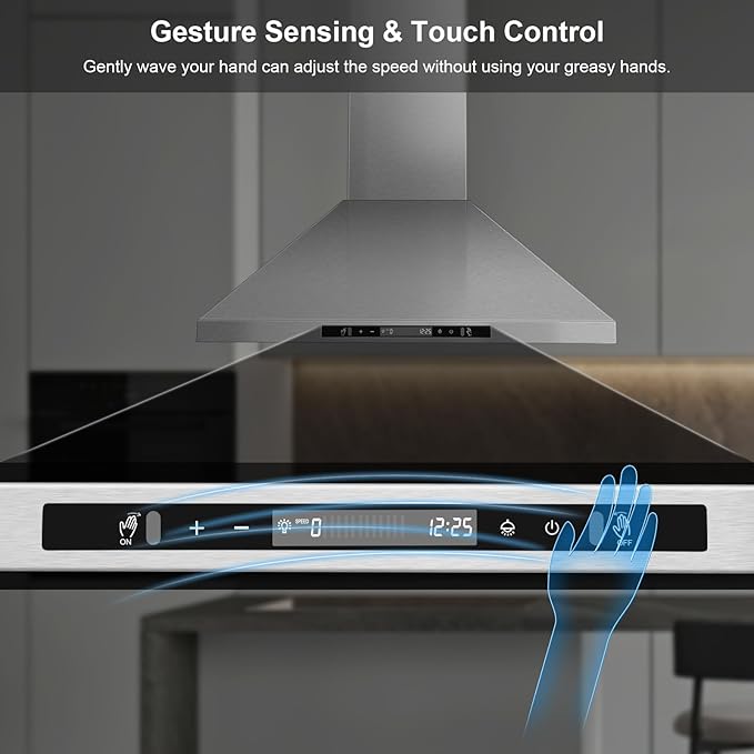 30" Island Range Hood 700 CFM Ceiling Mount Kitchen Vent Hood with Gesture/Touch Control, 3-Speed Fan & 4 LED Lights, Convertible Ductless/Duct, Stainless Steel Baffle Filters,Time Setting