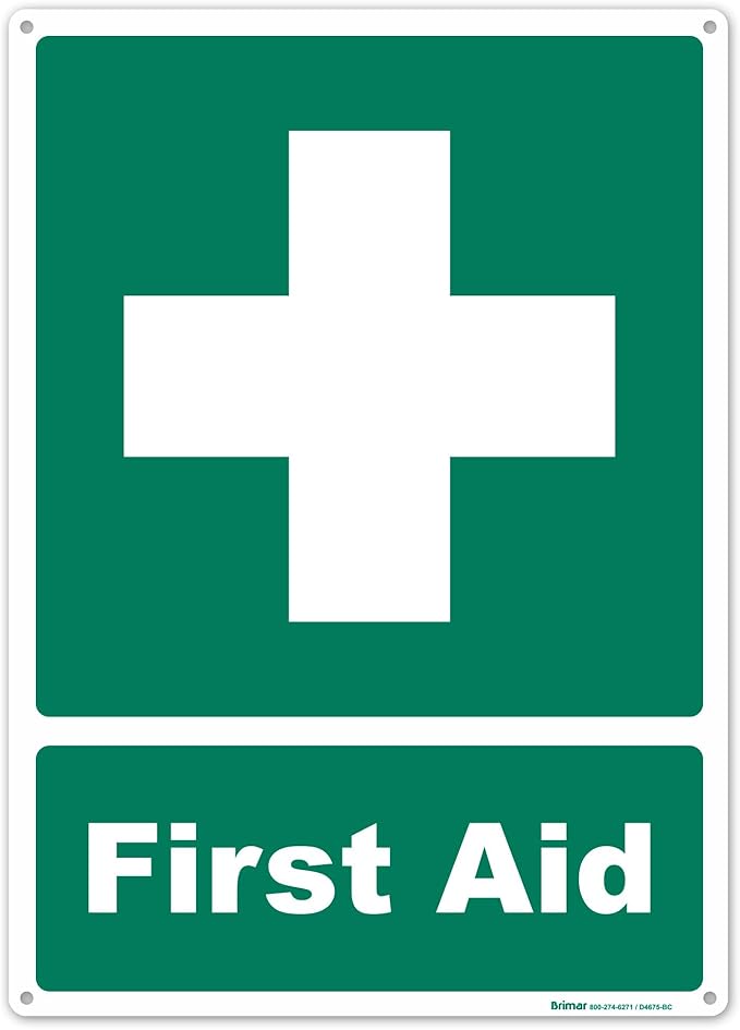 Brimar - 10" x 14" - First Aid Sign - Polyethylene Plastic - Bold Text And Symbol - Easy Installation