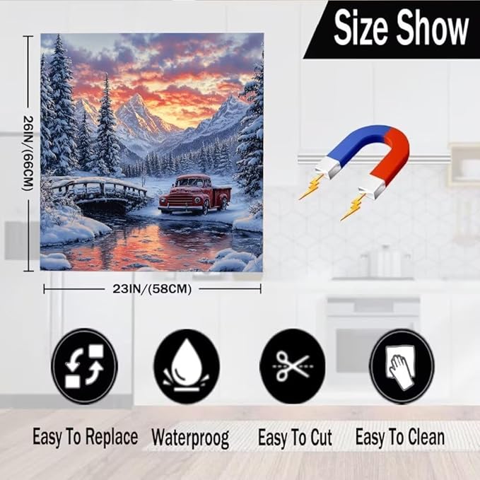Winter Mountain Landscape with Red Truck Magnetic Dishwasher Cover Vinyl Sticker,Pine Trees Dishwasher Magnet Cover,Fridge Door Cover Magnets Art Skin Panel Decal for Home Decor, 23"X26"