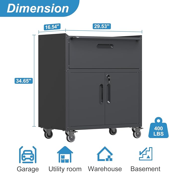 Black Garage Storage Cabinet with Drawers Metal Tool Cabinets on Wheels Heavy Duty Tool Storage Carts with Lock Rolling Tool Cart Mobile Cabinet for Warehouse Basement, Assembly Required
