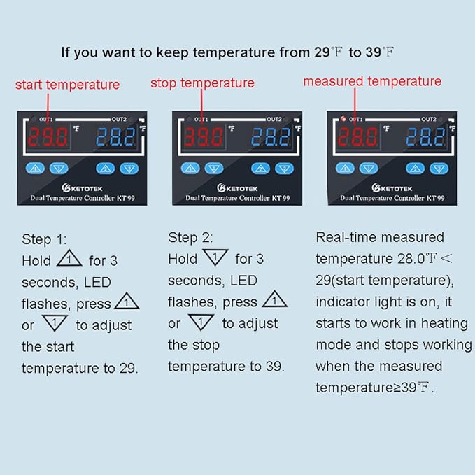 KETOTEK Digital Dual Temperature Controller 120V Fahrenheit Thermostat 10A with 2 1.5m Waterproof Probes, Heating Cooling Temperature Control Switch Refrigerator Fan Heater