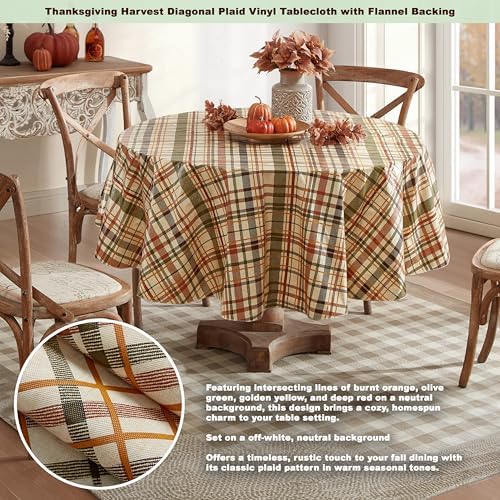 Newbridge Thanksgiving Diagonal Plaid 70 Inch Round Vinyl Fall Tablecloth