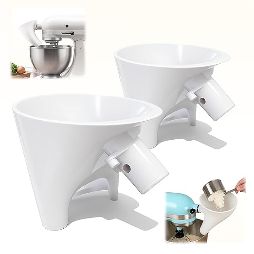 2Pcs White Flour Funnel for Kitchen Aid Mixer, Flour Funnel Accessories for Kitchen Aid Artisan KSM150 5-Quart Tilt-Head Stand Mixer,Plastic Powder Funnels with Easy-Pour, Prevents Spills and Messes