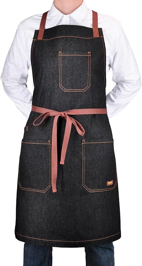 Professional Apron with Pockets, Mens Womens Chef Kitchen Bib Black Denim Apron for Cooking Grill BBQ Server, with Cross Back Straps and Towel Loop