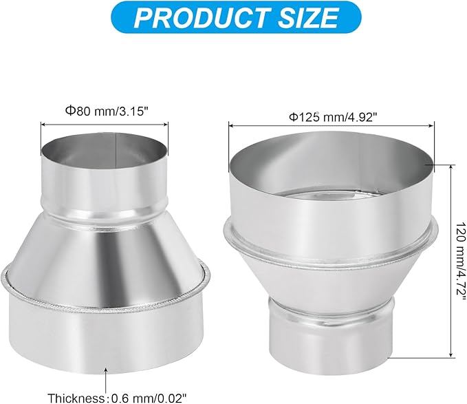 PATIKIL 5 Inch to 3 Inch Round Duct Reducer Increaser Connector, Galvanized Steel Air Duct Adapter Pipe Fitting for Bathroom Kitchen Inline Ventilation Systems, Silver Tone
