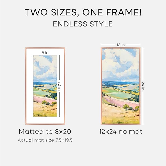 Homeforia 12x24 Rose Gold Picture Frame, High End Metal 12x24 Poster Frames with Mat 8x20 Photo, 12 x 24 Rose Gold Frame Matted to 8 x 20 Art, 24x12 Panoramic Frame, Tempered Glass, Wall Kit, Set of 1