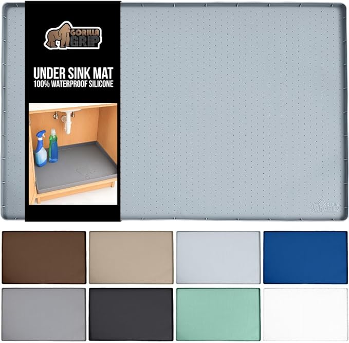 GORILLA GRIP Waterproof Silicone Under Sink Mat with Raised Lip for Kitchen and Bathroom, 46 x 22 in, Cabinet Shelf Liner Stay in Place Mats Dishwasher Safe Drawer Liner, Organizer Tray, Light Grey