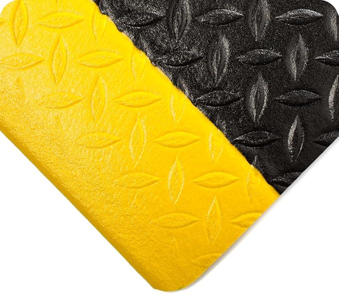 Wearwell Diamond-Plate Tuf Sponge Anti-Fatigue Workstation Mat - Black/Yellow. 4' W x 60' L x 1/2" Thickness. PVC Vinyl Sponge. Safety Rounded Edges. Light Industrial Applications (452.12x4x60BYL)