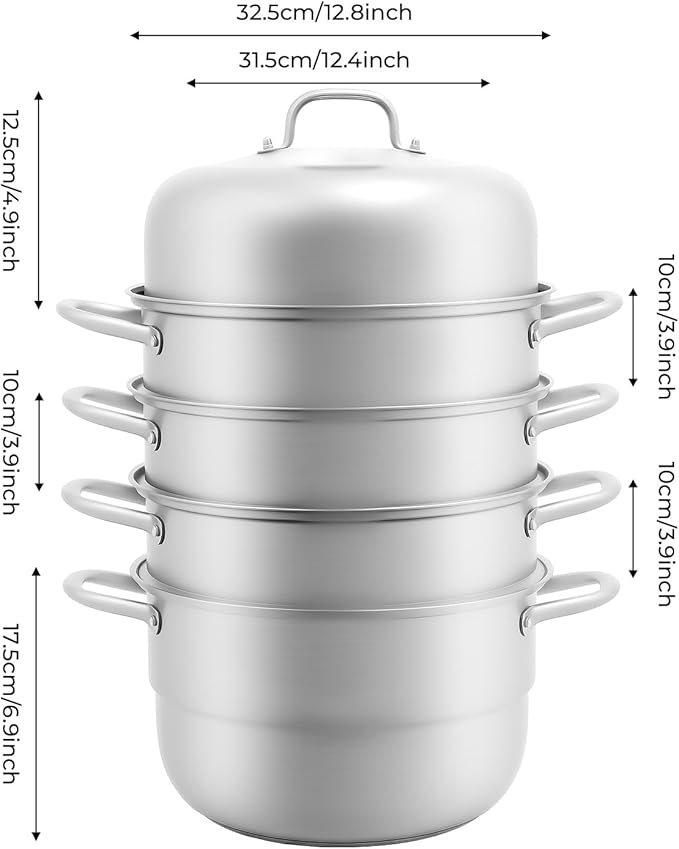5-Tier Steamer Pot for Cooking, D12.8in Stainless Steel Steamer Cookware with Handles Glass Lid & Strainer Baskets for Food Dumpling Fish Vegetable Seafood