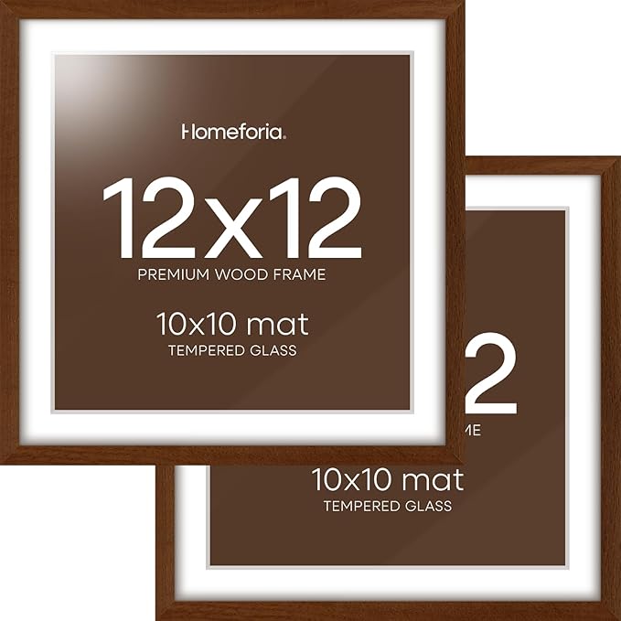 Homeforia 12x12 Frame Brown Wood, High End Dark Oak 12 x 12 Square Picture Frame with Mat 10 x 10 for Photo, 12by12 Wooden Walnut Poster Frame Matted to 10x10 Print, Tempered Glass, Wall Kit, Set of 2