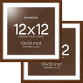 Homeforia 12x12 Frame Brown Wood, High End Dark Oak 12 x 12 Square Picture Frame with Mat 10 x 10 for Photo, 12by12 Wooden Walnut Poster Frame Matted to 10x10 Print, Tempered Glass, Wall Kit, Set of 2