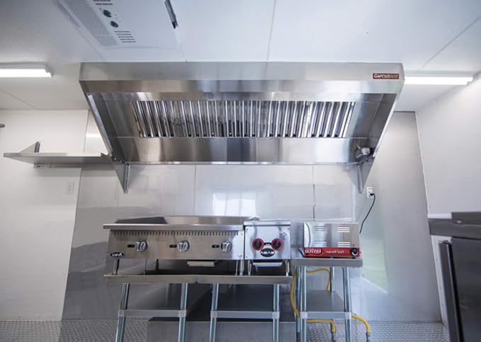 Food Truck Low Profile Exhaust Hood System Includes a stainless steel exhaust hood, an exhaust fan, an adjustable duct section, and installation hardware (11' Long Hood & Fan)
