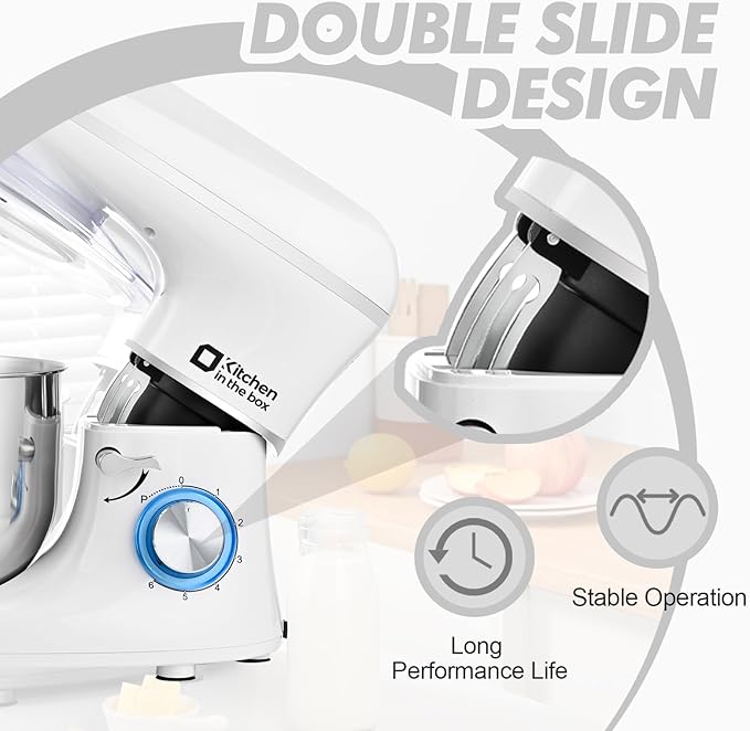 Kitchen in the box Stand Mixer, 6.5QT 660W Kitchen Electric Mixer, 6-Speed Tilt-Head Food Mixer with Dough Hook, Wire Whip and Beater (White)